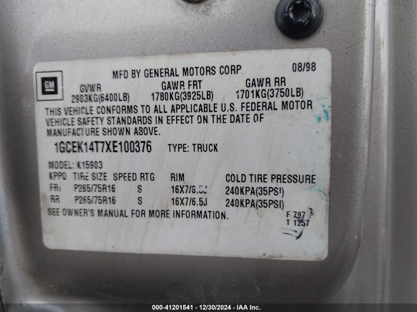 1999 Chevrolet Silverado 1500 Ls VIN: 1GCEK14T7XE100376 Lot: 41201541