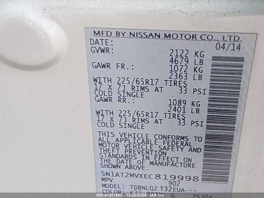 VIN 5N1AT2MVXEC819998 2014 Nissan Rogue, SV no.9