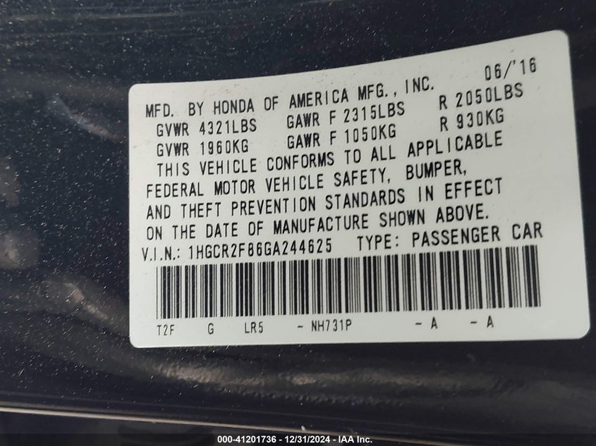 2016 HONDA ACCORD VIN: 1HGCR2F86GA244625