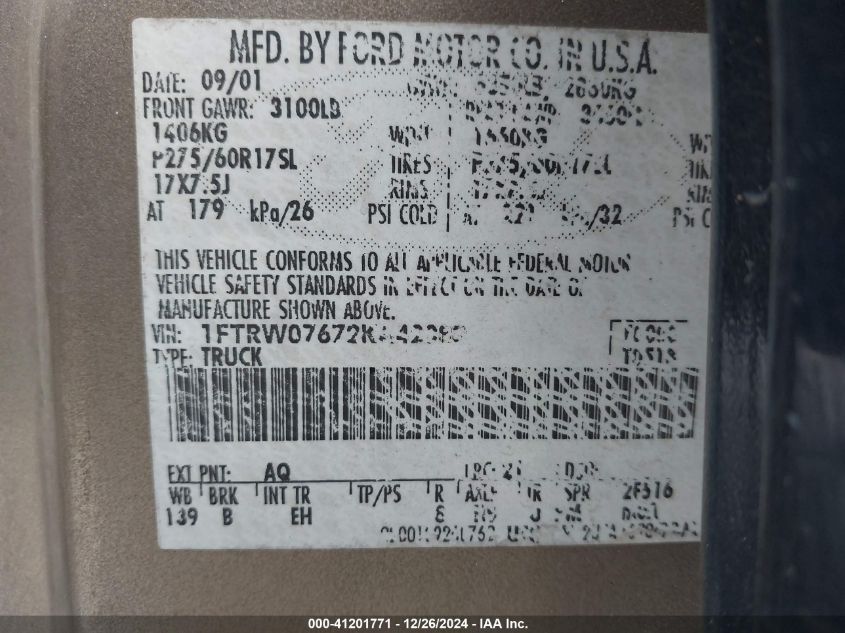 2002 Ford F-150 Lariat/Xlt VIN: 1FTRW07672KA42088 Lot: 41201771