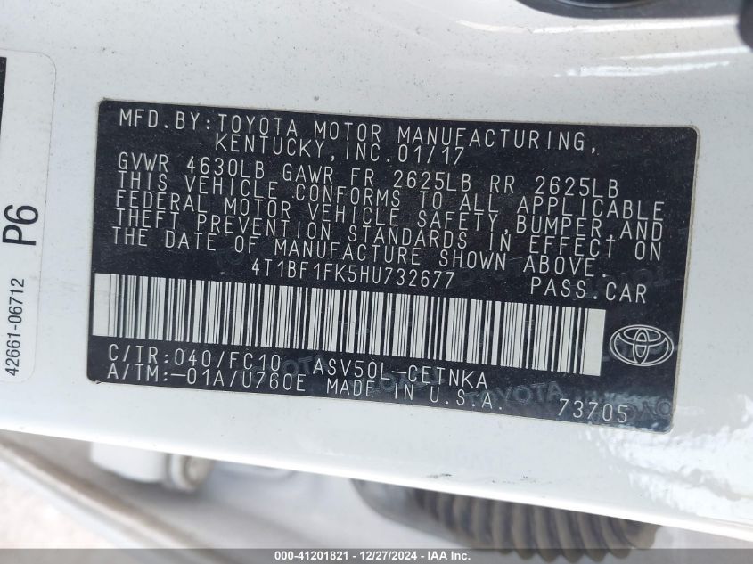 VIN 4T1BF1FK5HU732677 2017 Toyota Camry, LE no.9