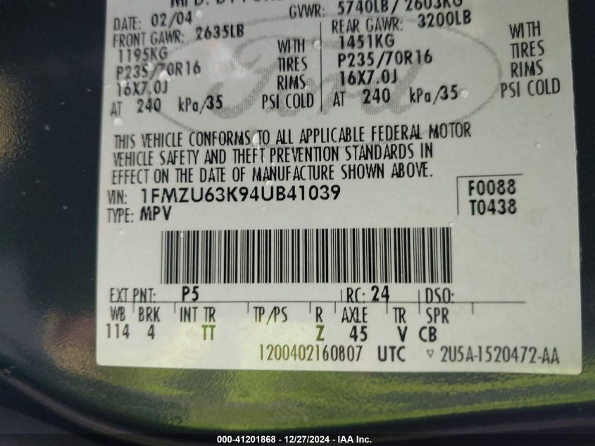 2004 Ford Explorer Xlt VIN: 1FMZU63K94UB41039 Lot: 41201868