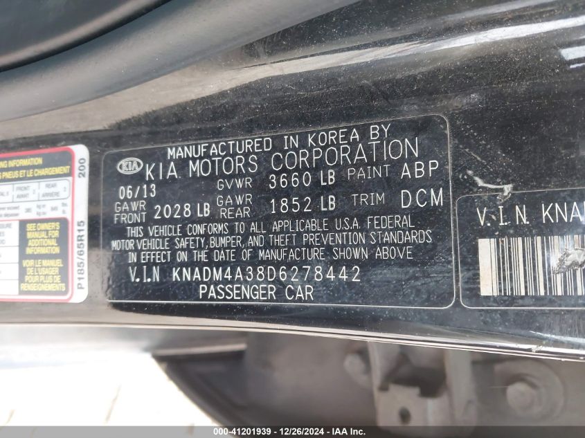 VIN KNADM4A38D6278442 2013 KIA RIO no.9