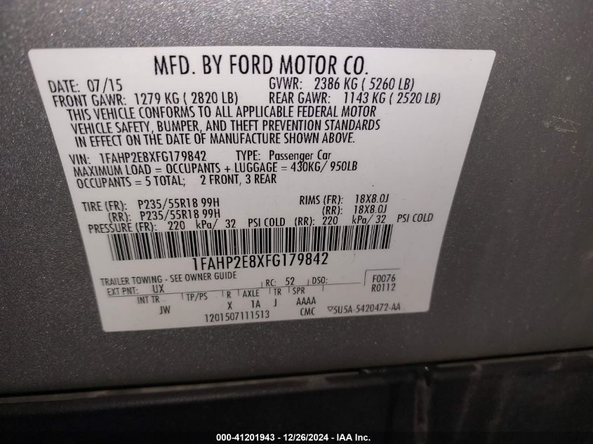 VIN 1FAHP2E8XFG179842 2015 Ford Taurus, Sel no.9