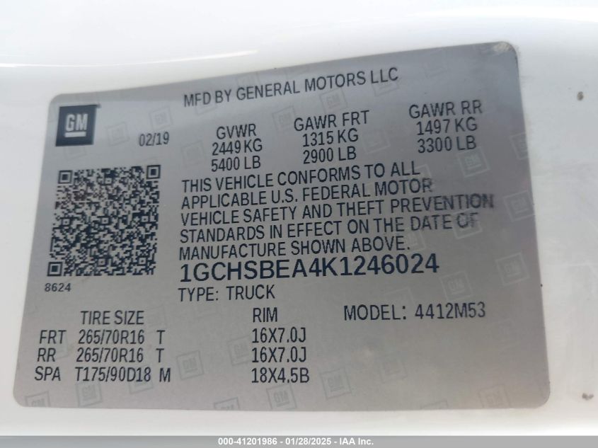 2019 Chevrolet Colorado Wt VIN: 1GCHSBEA4K1246024 Lot: 41201986