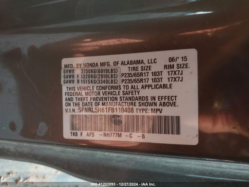 VIN 5FNRL5H61FB110408 2015 Honda Odyssey, Ex-L no.9