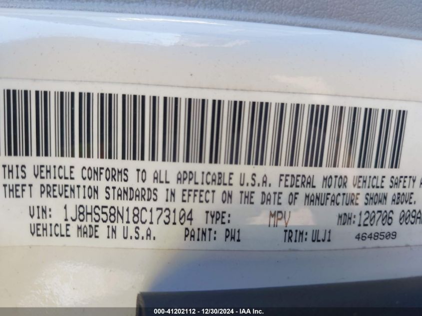2008 Jeep Grand Cherokee Limited VIN: 1J8HS58N18C173104 Lot: 41202112