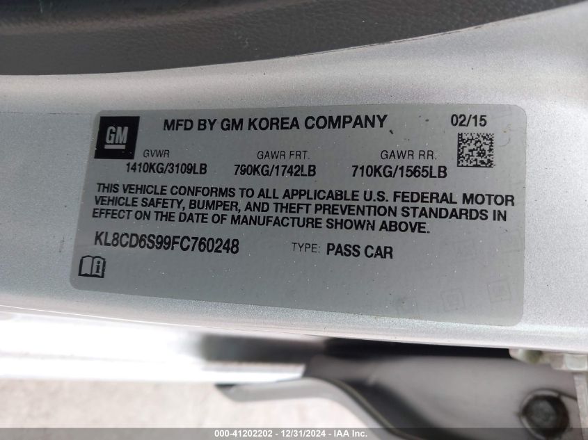 2015 Chevrolet Spark 1Lt Cvt VIN: KL8CD6S99FC760248 Lot: 41202202