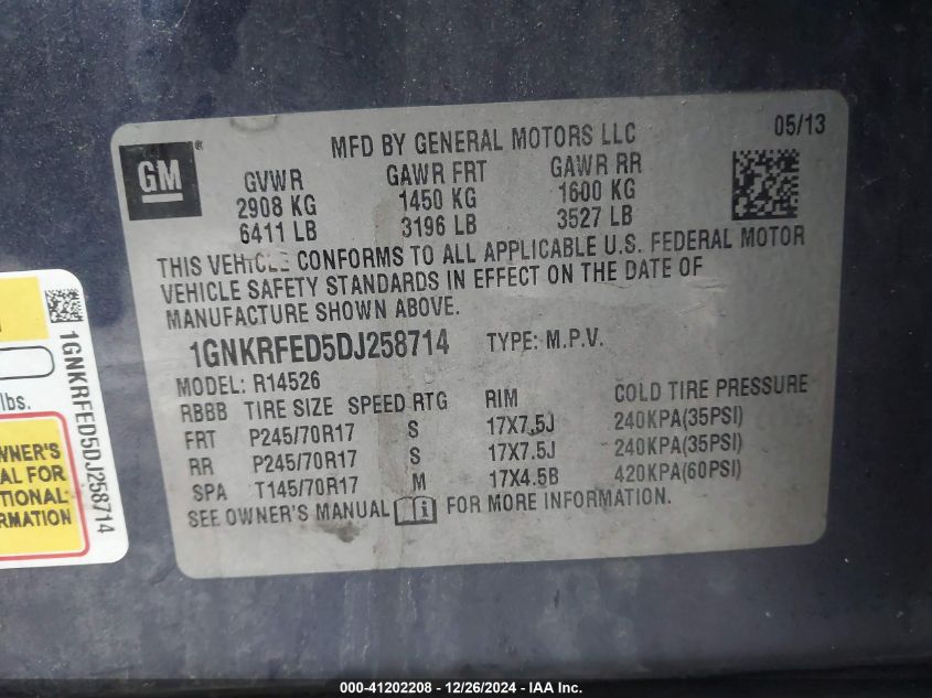 VIN 1GNKRFED5DJ258714 2013 CHEVROLET TRAVERSE no.9