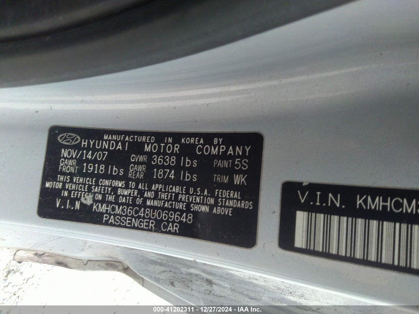 2008 HYUNDAI ACCENT VIN: KMHCM36C48U069648