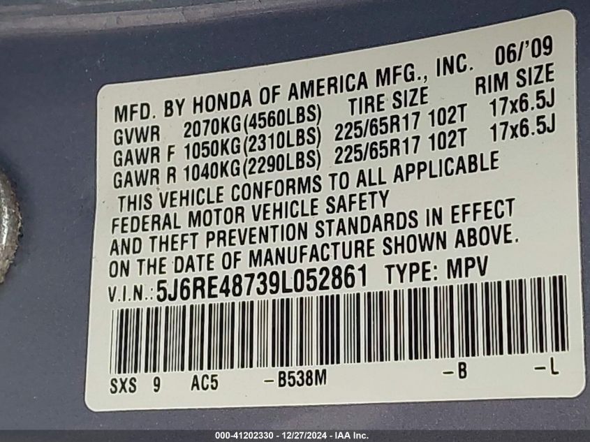 2009 Honda Cr-V Ex-L VIN: 5J6RE48739L052861 Lot: 41202330