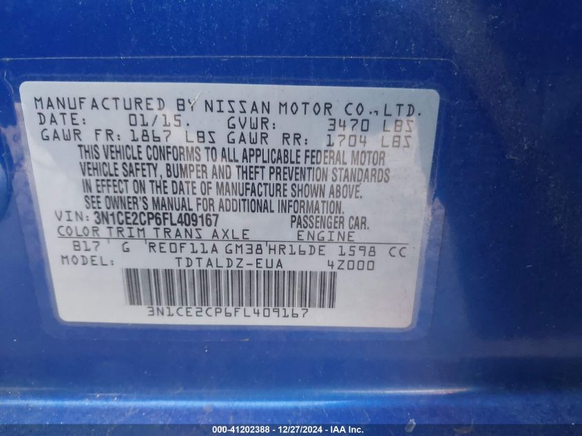 VIN 3N1CE2CP6FL409167 2015 NISSAN VERSA NOTE no.9