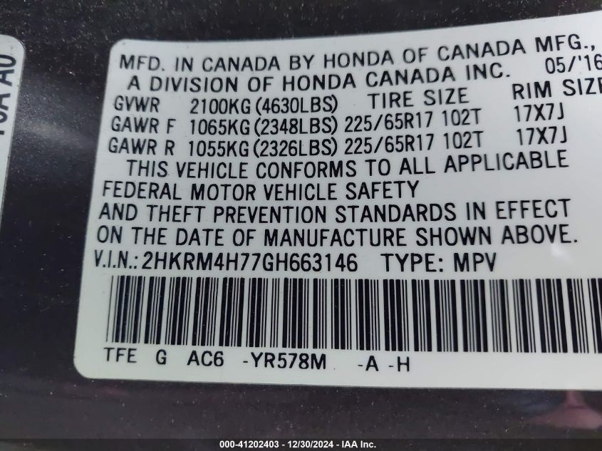 VIN 2HKRM4H77GH663146 2016 Honda CR-V, Ex-L no.9