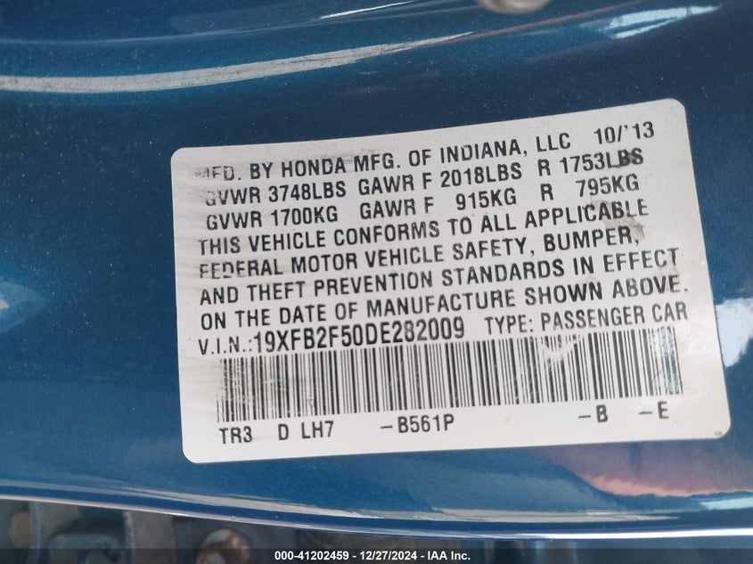 2013 HONDA CIVIC VIN: 19XFB2F50DE282009