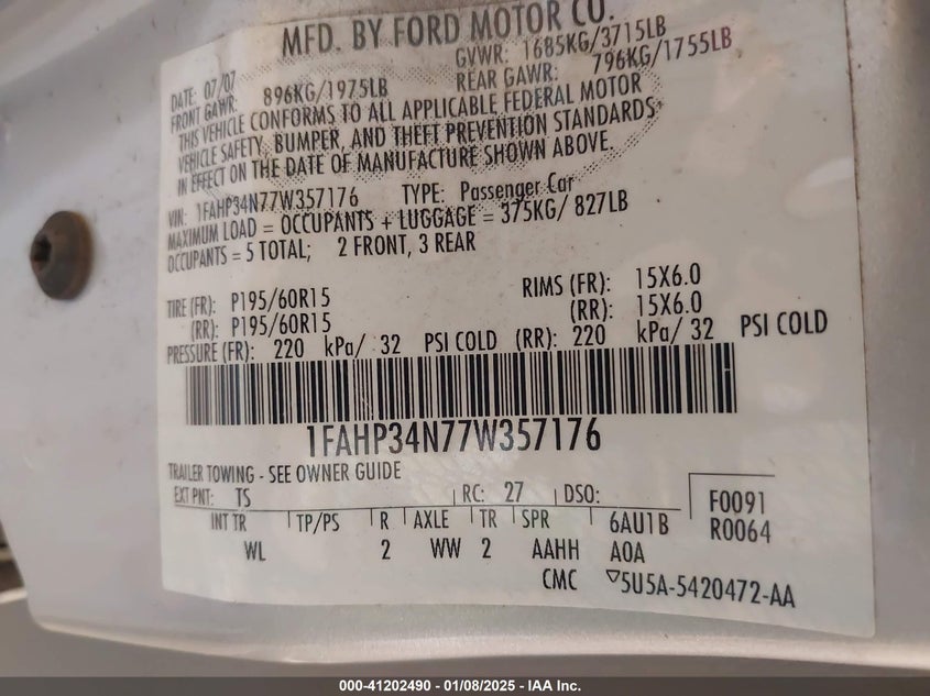 2007 FORD FOCUS VIN: 1FAHP34N77W357176