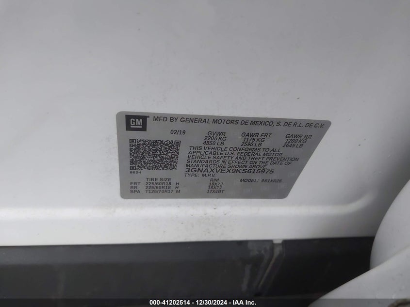 2019 CHEVROLET EQUINOX VIN: 3GNAXVEX9KS615975