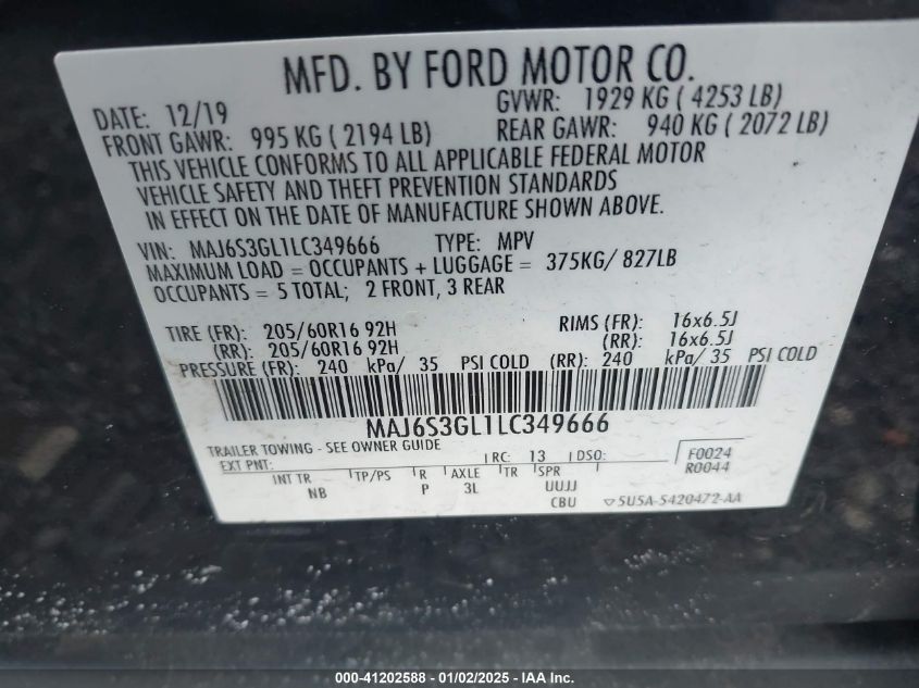 2020 Ford Ecosport Se VIN: MAJ6S3GL1LC349666 Lot: 41202588