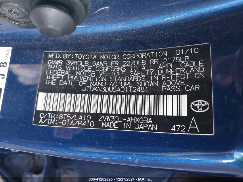 2010 TOYOTA PRIUS VIN: JTDKN3DU5A0112481