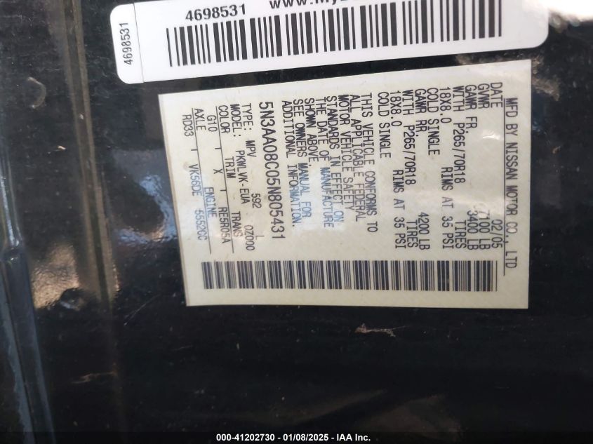 2005 Infiniti Qx56 VIN: 5N3AA08C05N805431 Lot: 41202730