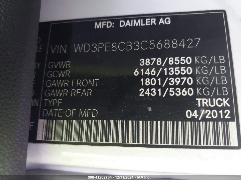 2012 Mercedes-Benz Sprinter 2500 High Roof VIN: WD3PE8CB3C5688427 Lot: 41202734