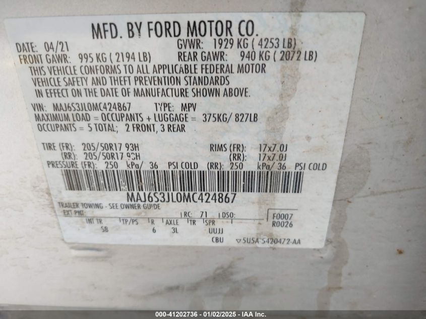 2021 Ford Ecosport Ses VIN: MAJ6S3JL0MC424867 Lot: 41202736