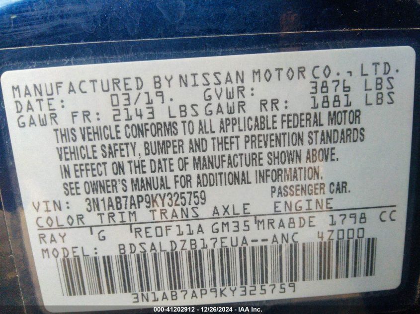 VIN 3N1AB7AP9KY325759 2019 NISSAN SENTRA no.9