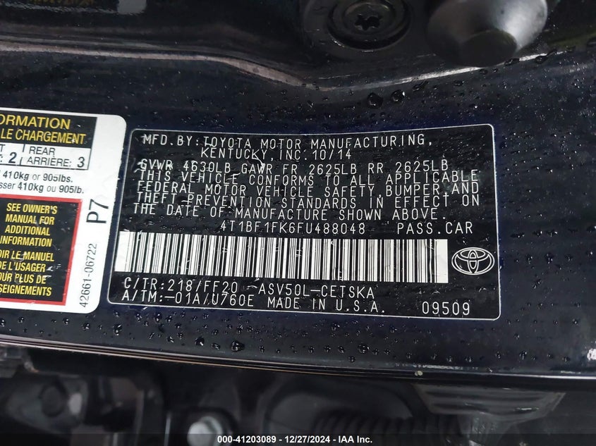 2015 TOYOTA CAMRY VIN: 4T1BF1FK6FU488048