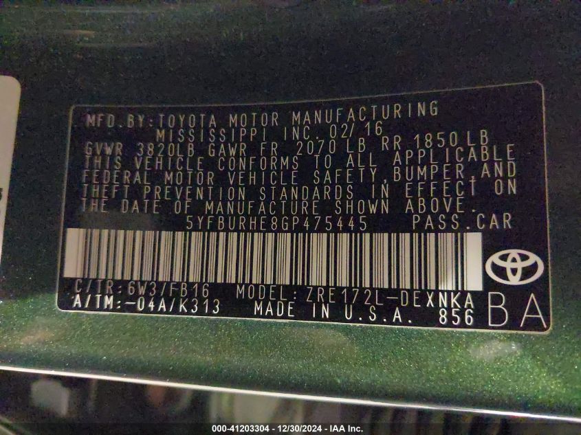 2016 Toyota Corolla Le VIN: 5YFBURHE8GP475445 Lot: 41203304