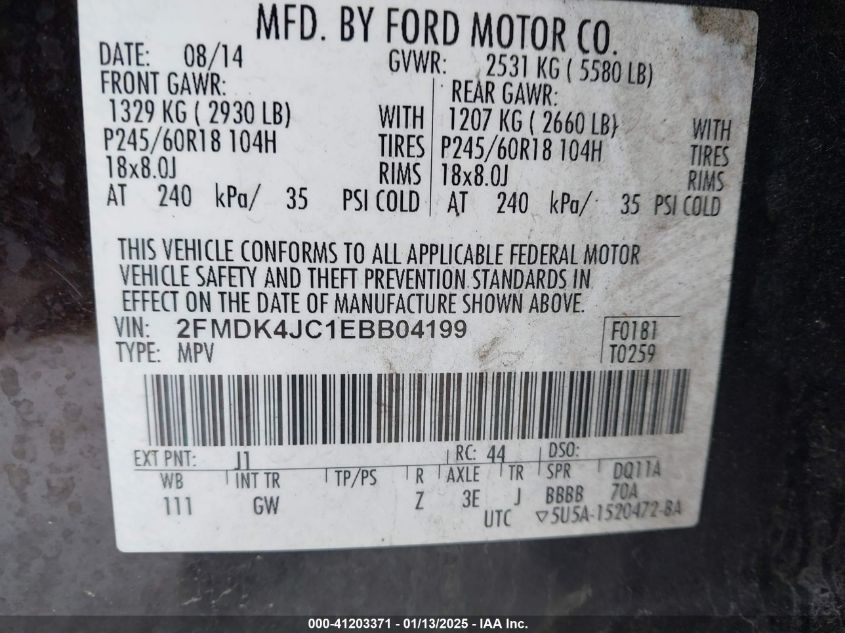 VIN 2FMDK4JC1EBB04199 2014 FORD EDGE no.9