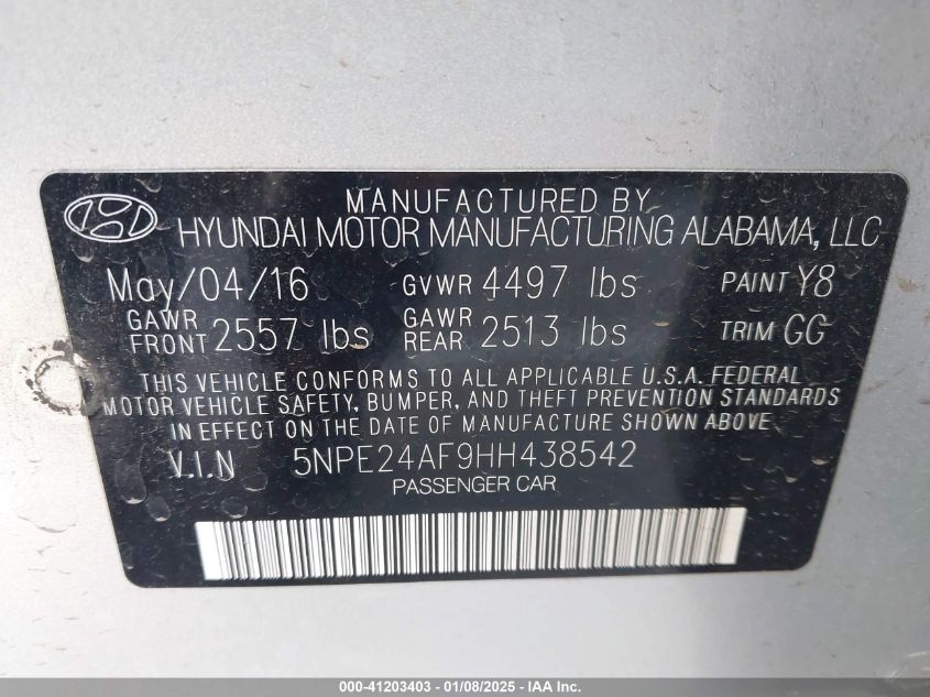 VIN 5NPE24AF9HH438542 2017 Hyundai Sonata, SE no.9