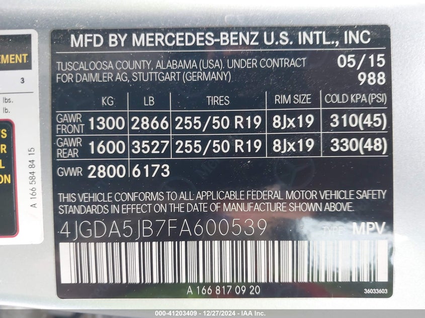 2015 MERCEDES-BENZ ML 350 - 4JGDA5JB7FA600539