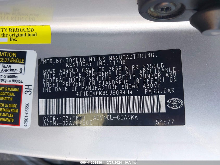 2009 TOYOTA CAMRY VIN: 4T1BE46K89U908434