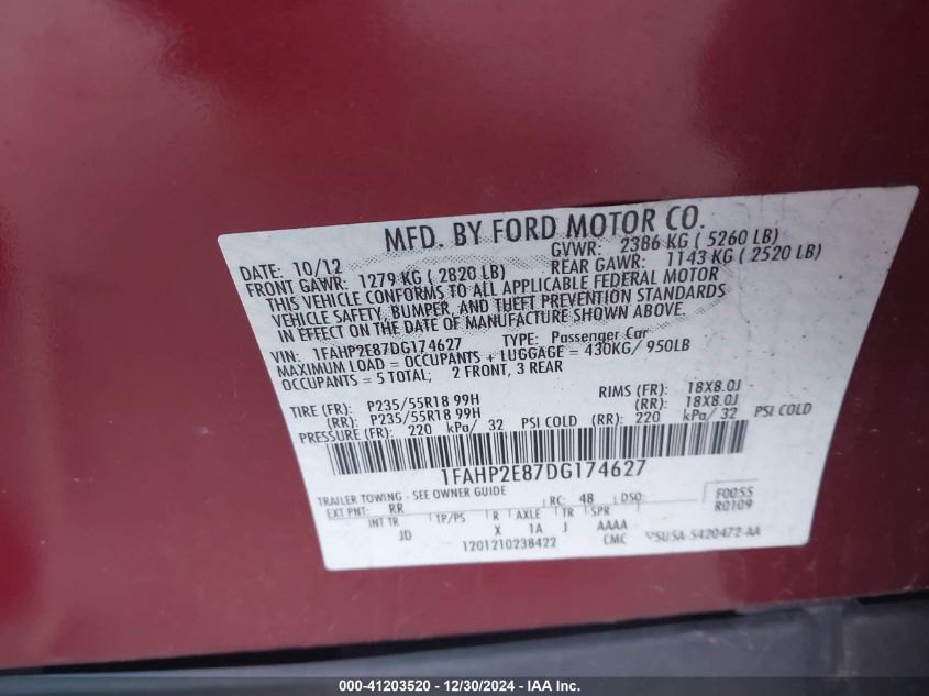 VIN 1FAHP2E87DG174627 2013 Ford Taurus, Sel no.9