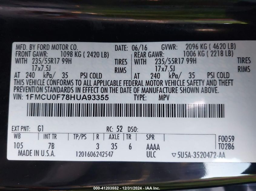 VIN 1FMCU0F78HUA93355 2017 Ford Escape, S no.9