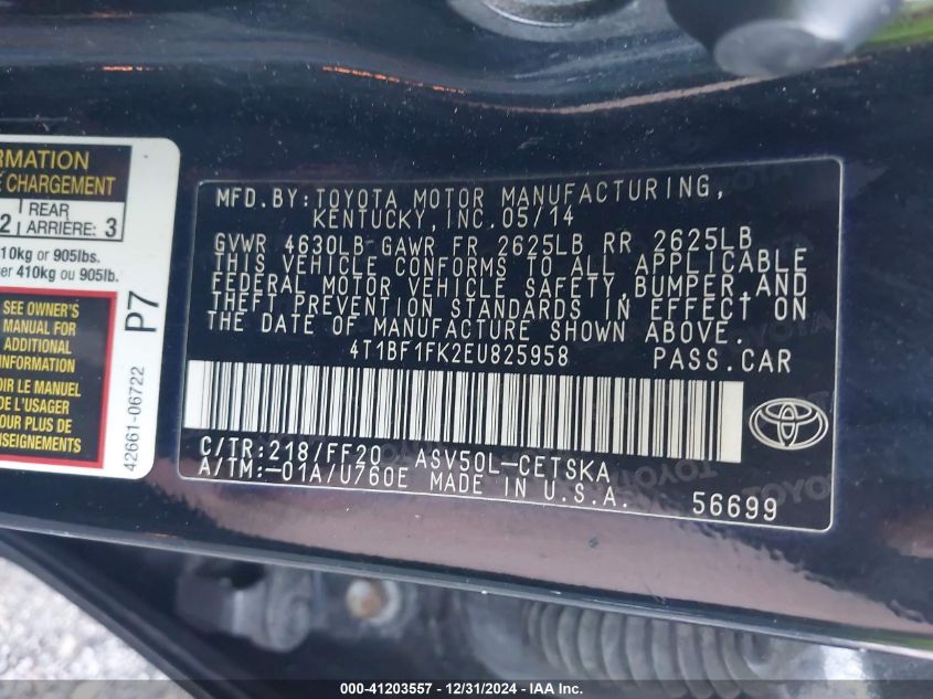 VIN 4T1BF1FK2EU825958 2014 Toyota Camry, SE no.9