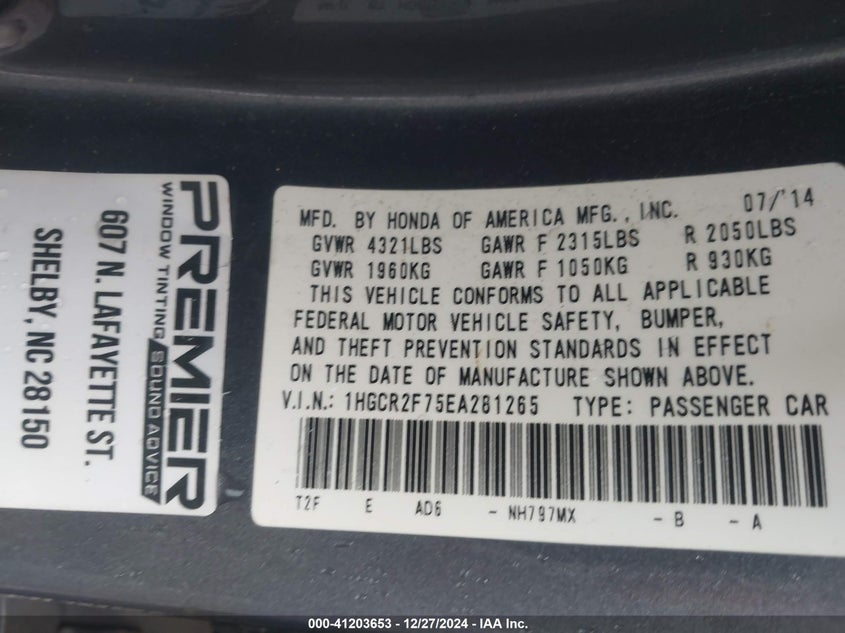 2014 HONDA ACCORD VIN: 1HGCR2F75EA281265