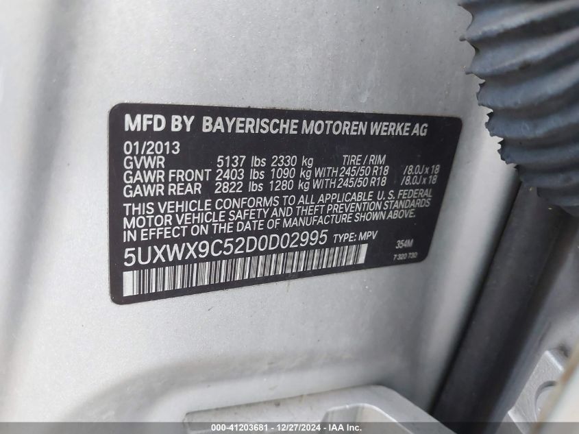 VIN 5UXWX9C52D0D02995 2013 BMW X3 no.9