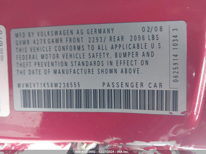 2008 VOLKSWAGEN GTI VIN: WVWEV71K58W236555