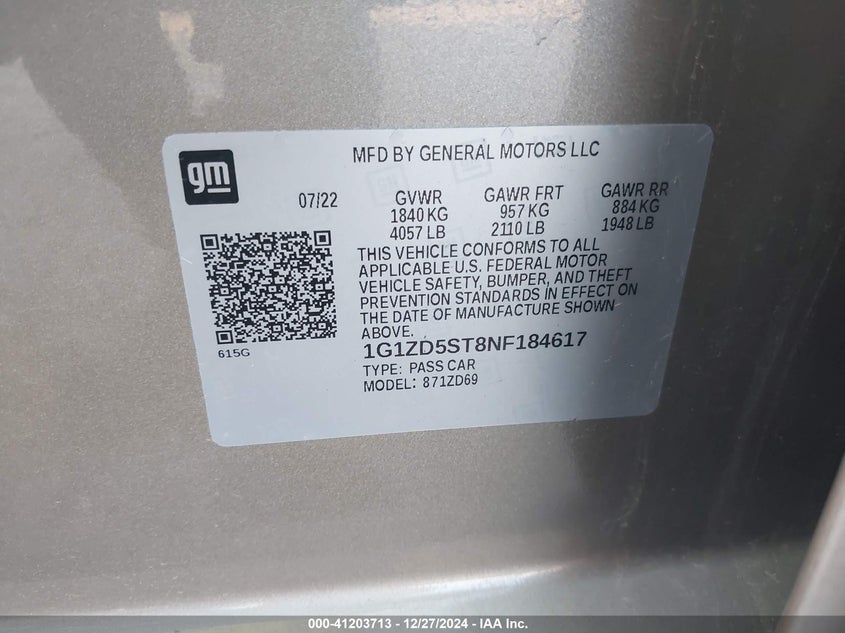 2022 CHEVROLET MALIBU FWD LT - 1G1ZD5ST8NF184617