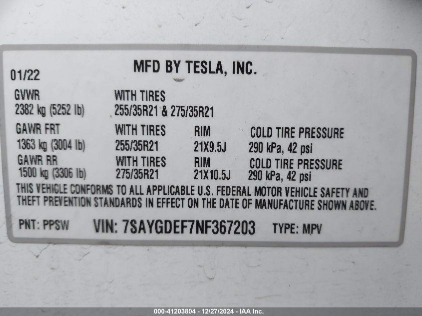 VIN 7SAYGDEF7NF367203 2022 TESLA MODEL Y no.9