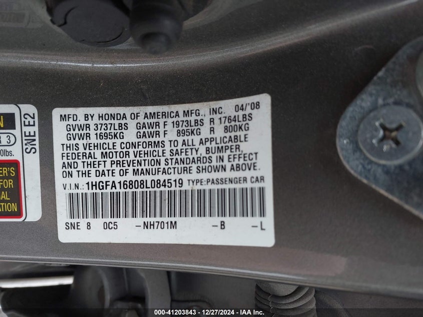 2008 HONDA CIVIC VIN: 1HGFA16808L084519