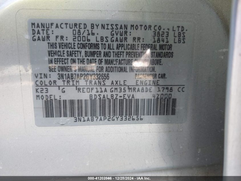 VIN 3N1AB7AP2GY332656 2016 NISSAN SENTRA no.9