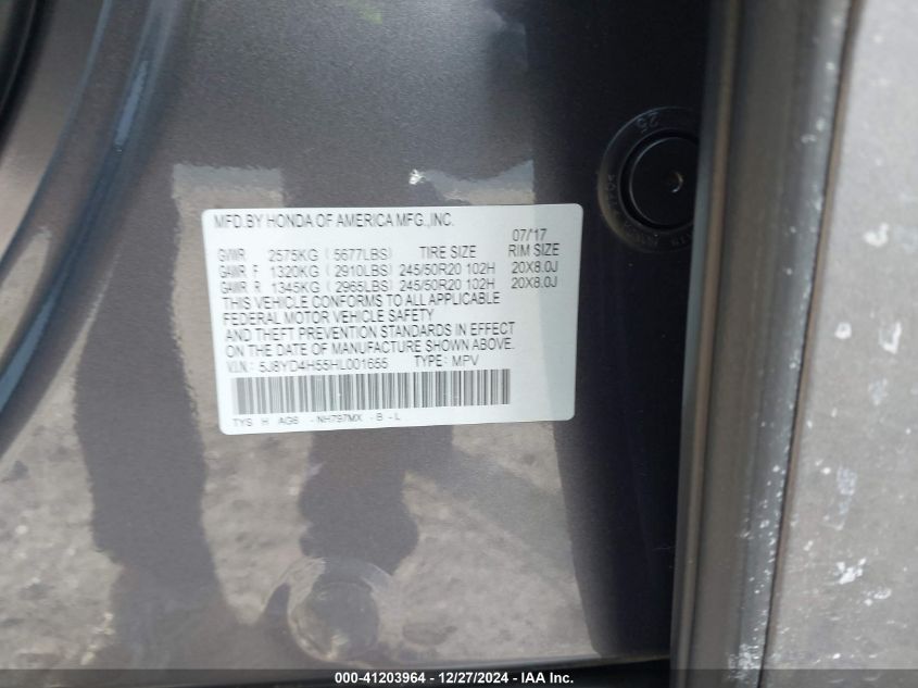 2017 Acura Mdx Technology Package VIN: 5J8YD4H55HL001655 Lot: 41203964