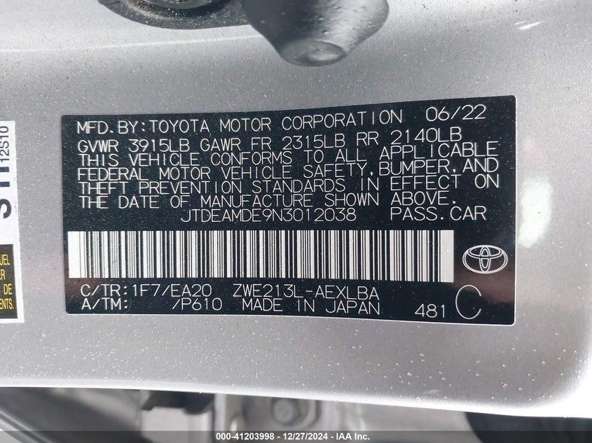 2022 TOYOTA COROLLA VIN: JTDEAMDE9N3012038