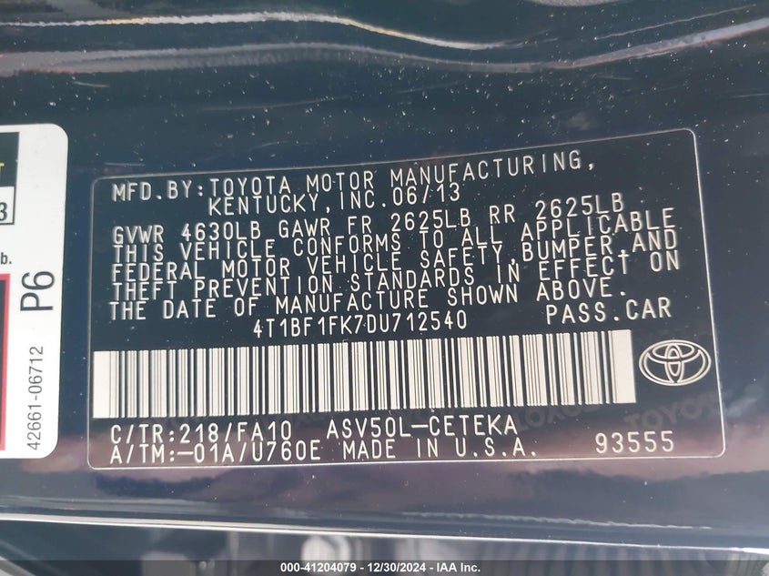 2013 TOYOTA CAMRY VIN: 4T1BF1FK7DU712540