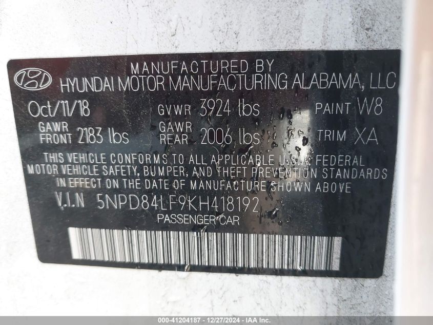 VIN 5NPD84LF9KH418192 2019 Hyundai Elantra, Value E... no.9