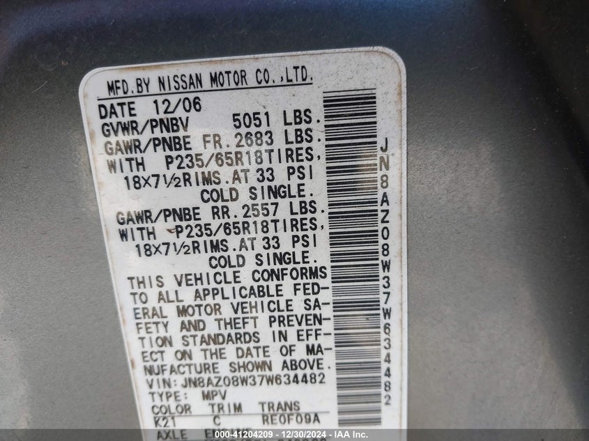 2007 Nissan Murano VIN: NEWYORKLHT4935 Lot: 41204209