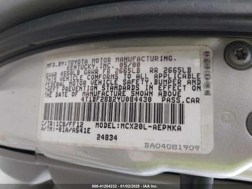 2000 Toyota Avalon Xl VIN: 04T1BF28B2YU08443 Lot: 41204232