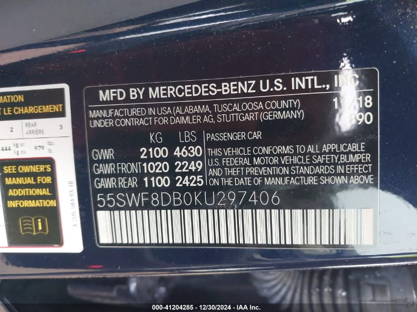 VIN 55SWF8DB0KU297406 2019 Mercedes-Benz C 300 no.9