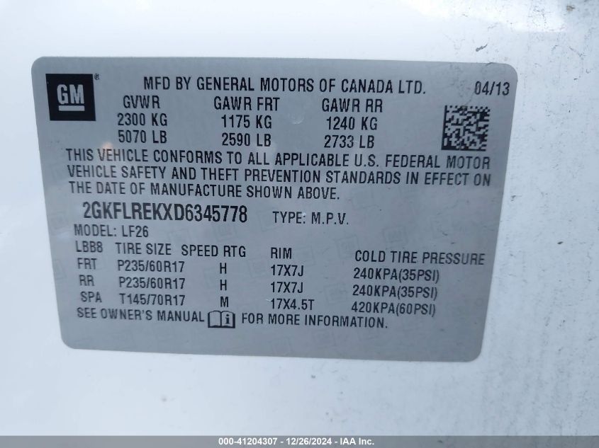 VIN 2GKFLREKXD6345778 2013 GMC Terrain, Sle-1 no.9